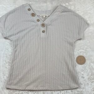 Parallel Lines Light Gray Ribbed Button V-Neck Top